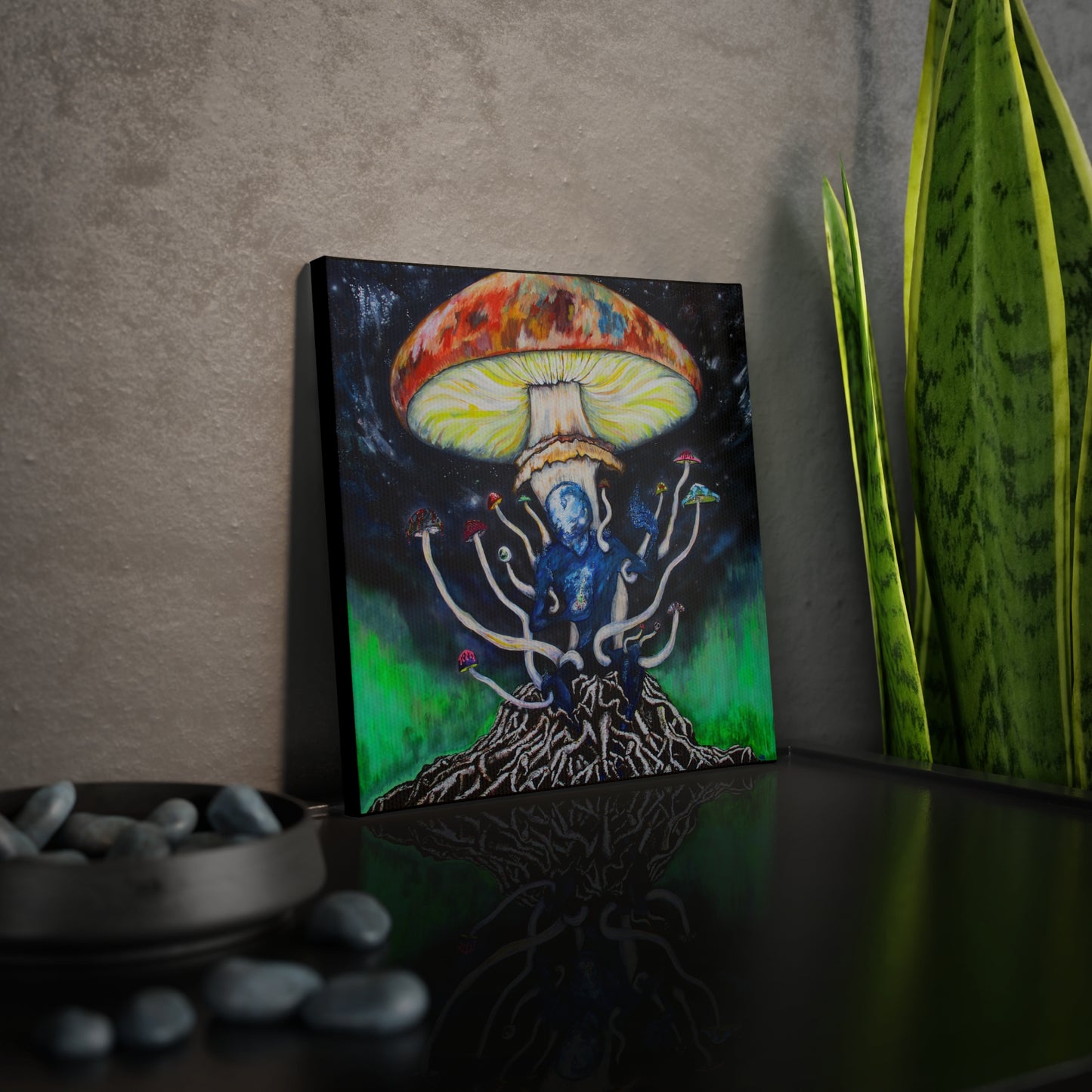 Canvas Photo Tile - Blue Entity on Roots with Mushrooms Wall Art